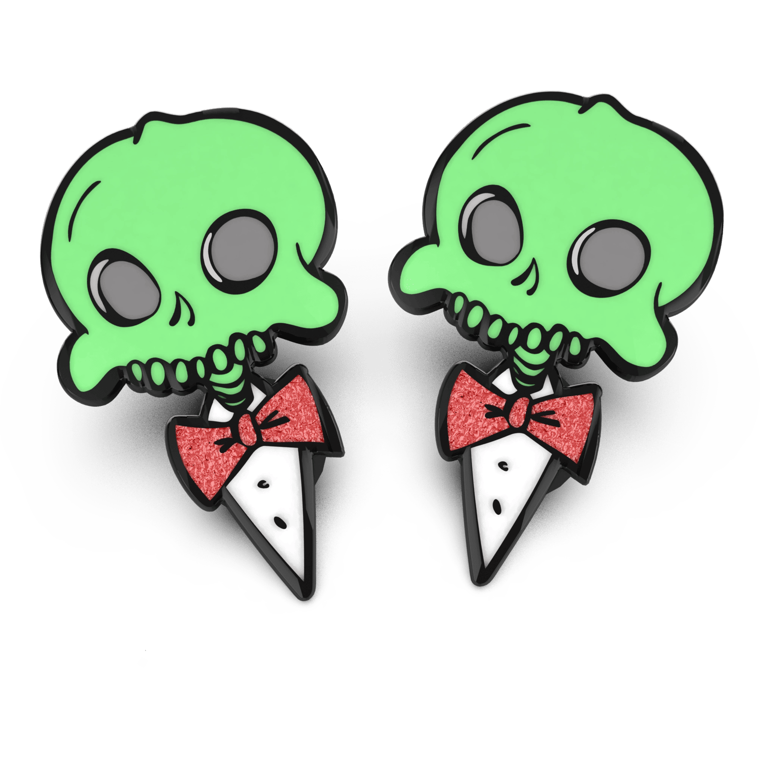 Two enamel pins with a glow in the dark effect, featuring a character with a skeleton grin and a red bow tie.