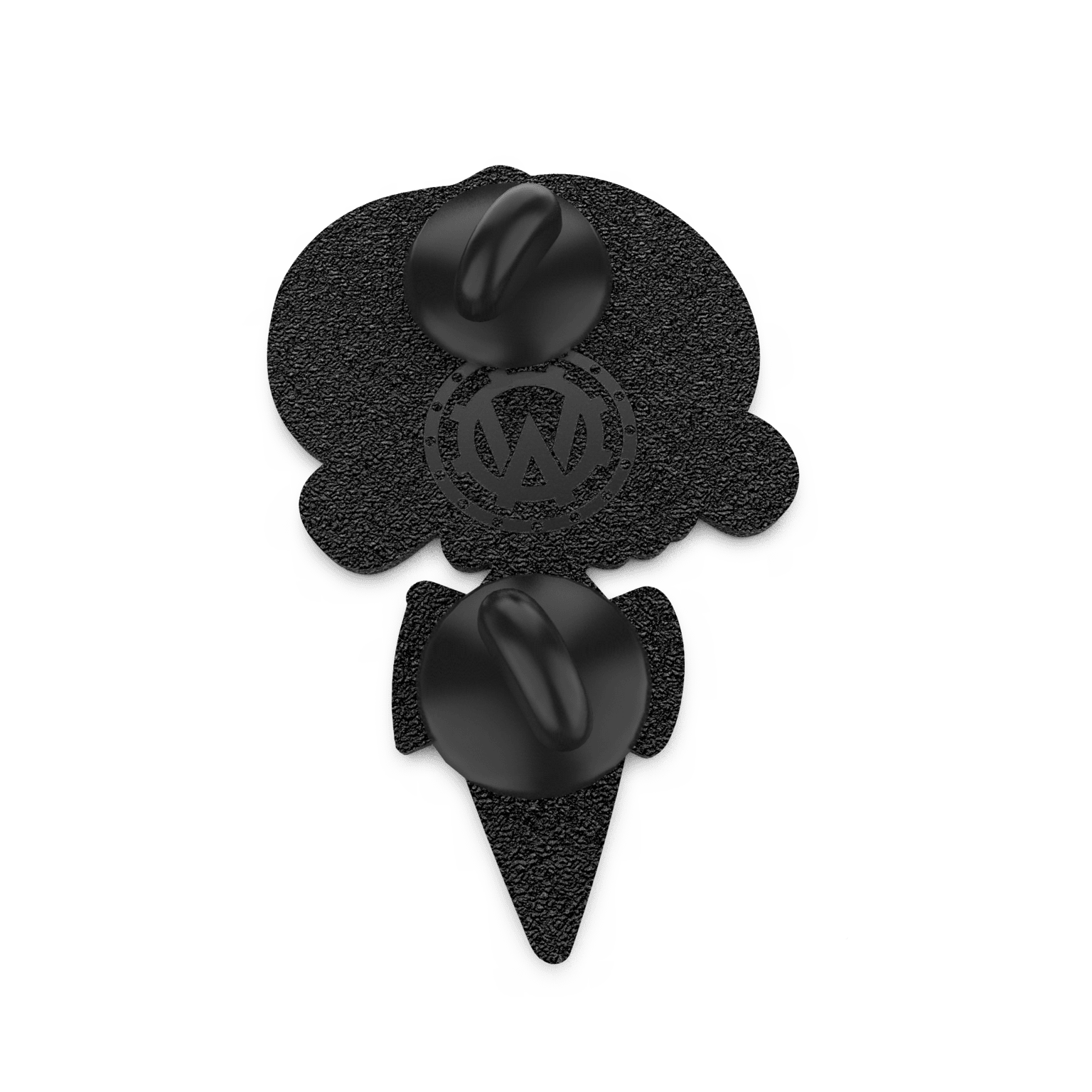 Back view of a hard enamel pin showing a dark coating with dual butterfly clutch fasteners and subtle color accents around the edge.