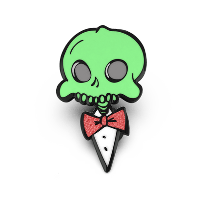 Hard enamel pin featuring the character “Wally” in a glowing design, with vivid lime-green highlights and a dark outline on a transparent background.