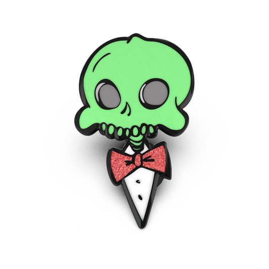 Hard enamel pin featuring the character “Wally” in a glowing design, with vivid lime-green highlights and a dark outline on a transparent background.