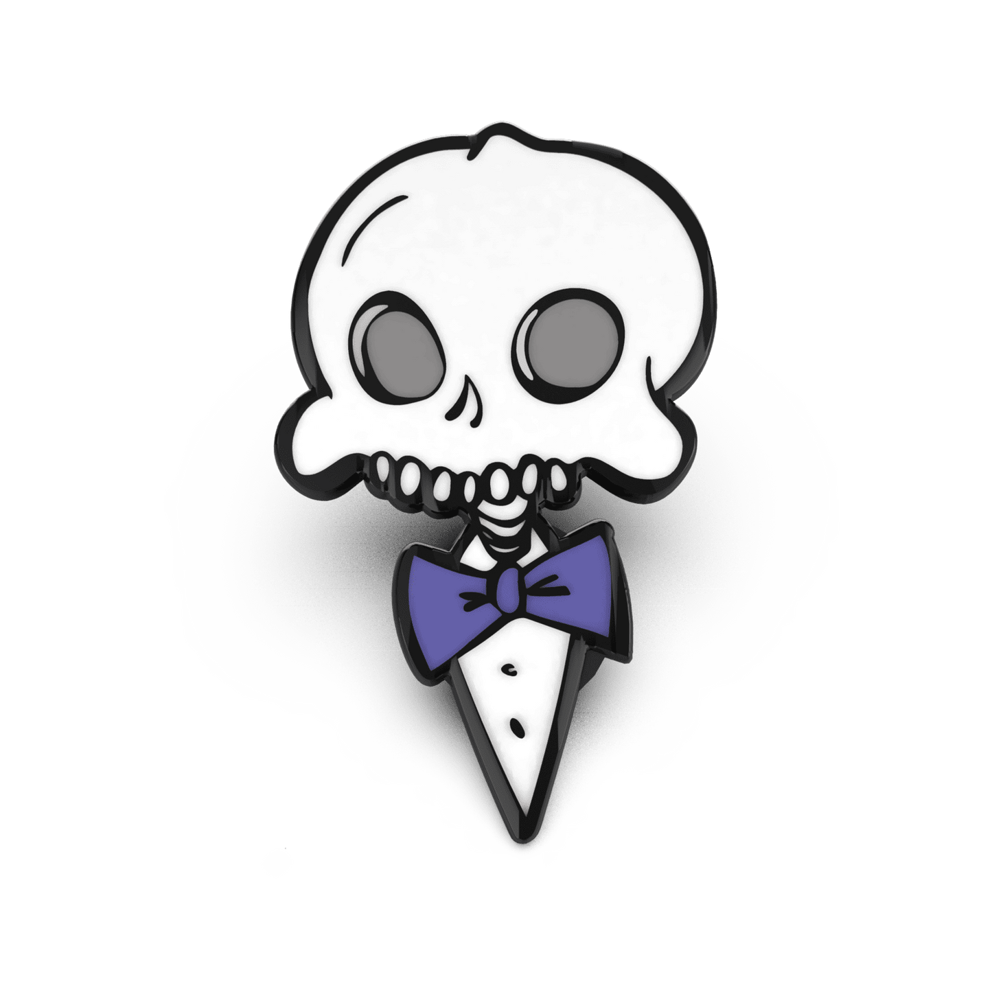 Enamel pin of a stylized skull wearing a purple bow tie, designed in a cartoon style with bold black outlines.