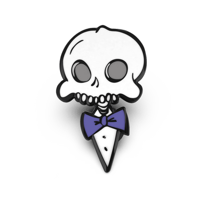 Enamel pin of a stylized skull wearing a purple bow tie, designed in a cartoon style with bold black outlines.