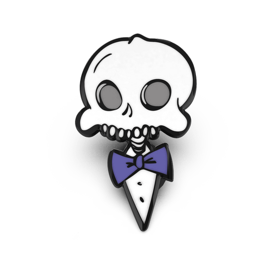Enamel pin of a stylized skull wearing a purple bow tie, designed in a cartoon style with bold black outlines.