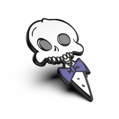 Enamel pin of a stylized skull wearing a purple bow tie, designed in a cartoon style with bold black outlines.
