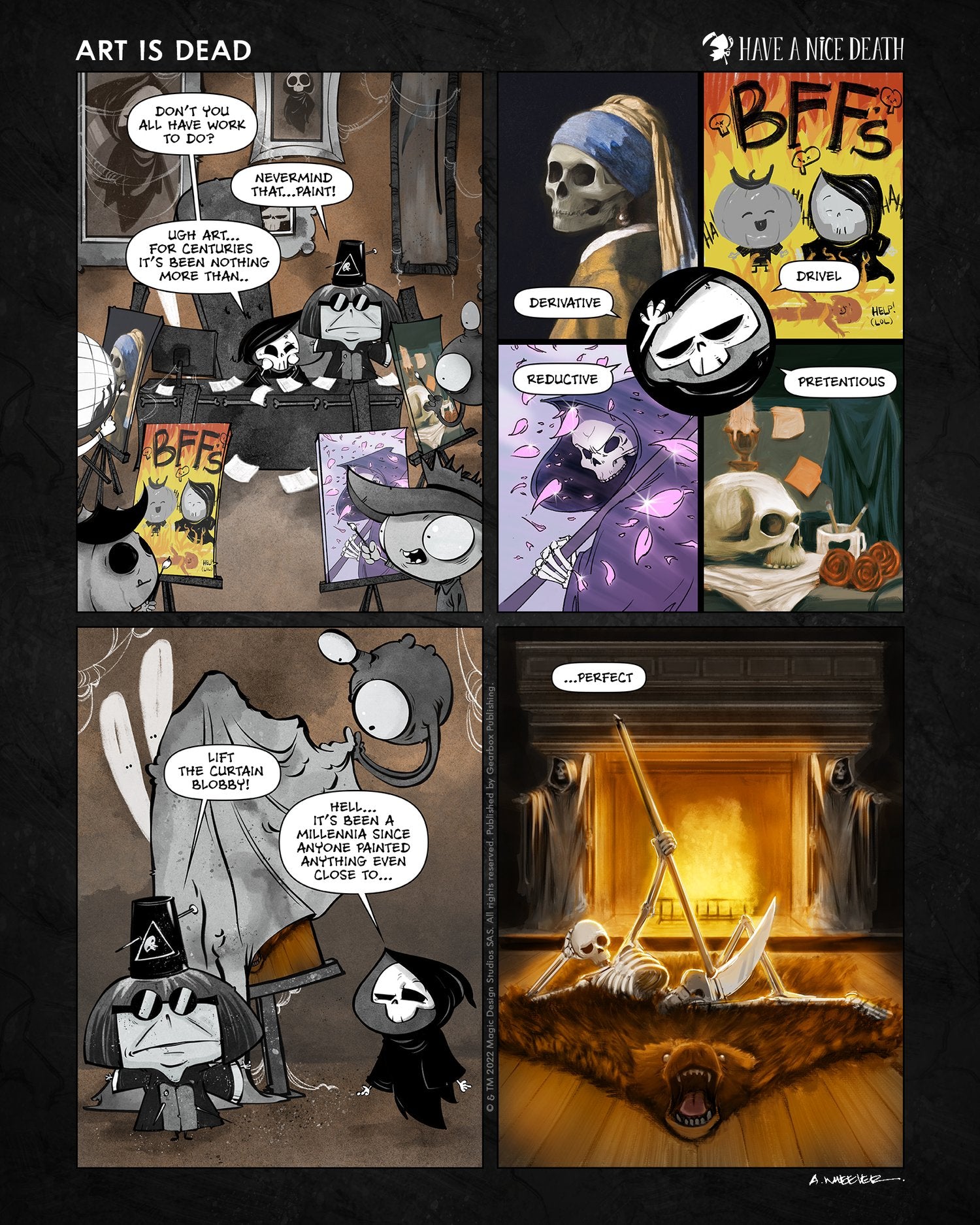 “Have a Nice Death – Art Is Dead” illustration by Anthony Wheeler — skeleton artist surrounded by broken brushes and torn canvases, creative burnout theme.