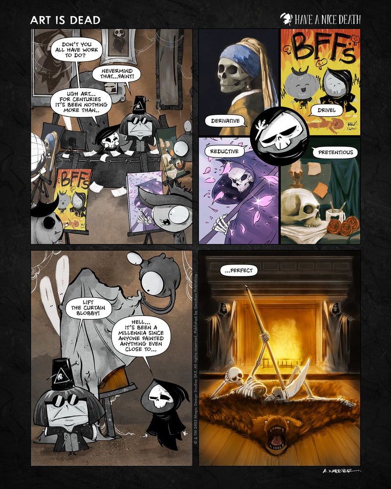 “Have a Nice Death – Art Is Dead” illustration by Anthony Wheeler — skeleton artist surrounded by broken brushes and torn canvases, creative burnout theme.