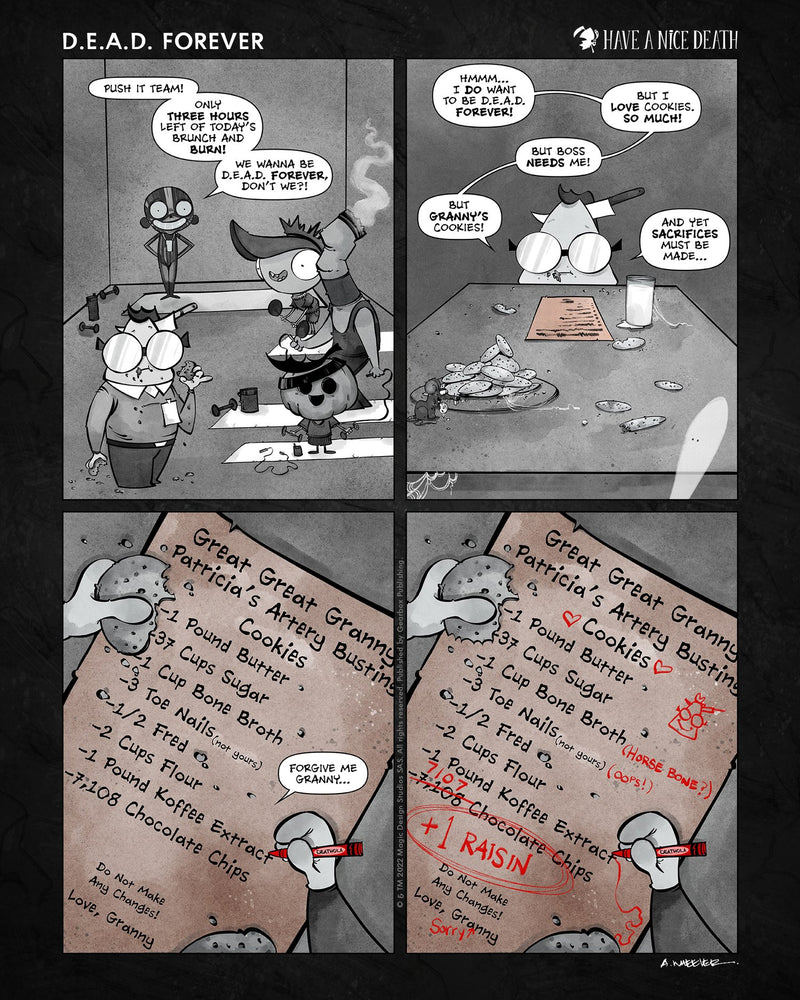 “Have a Nice Death – Dead Forever” illustration by Anthony Wheeler — reaper character resting with coffee mug and tired expression, existential humor.