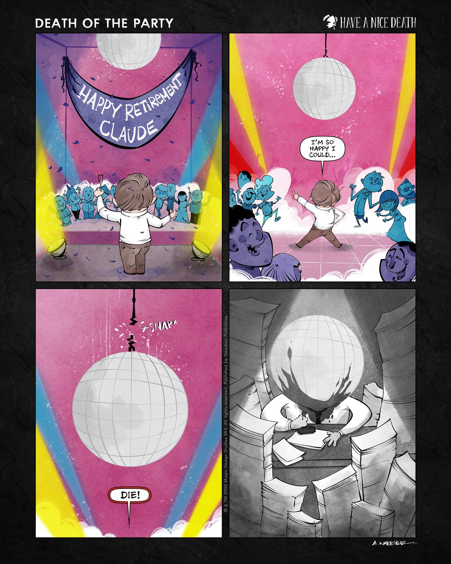 “Have a Nice Death – Death of the Party” illustration by Anthony Wheeler — skeleton DJ spinning records at a lively yet spooky party.