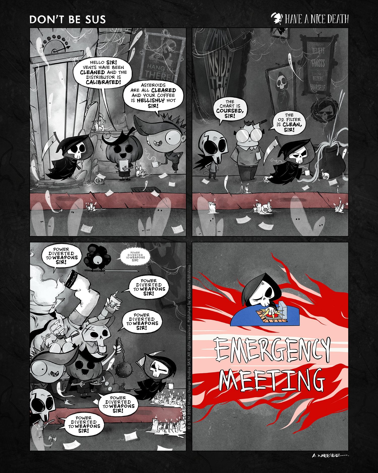 “Have a Nice Death – Don’t Sus” artwork by Anthony Wheeler — parody illustration of skeletons in spacesuits referencing “Among Us,” humorous tone.