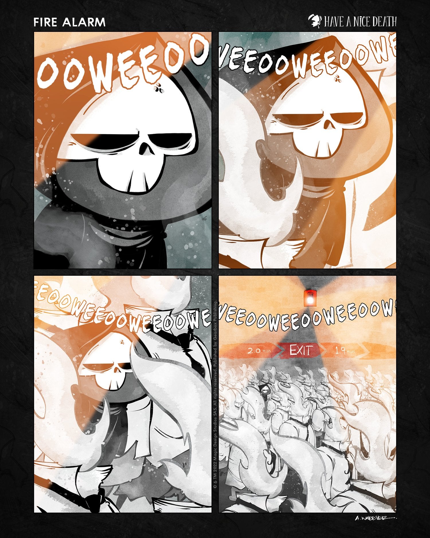 “Have a Nice Death – Fire Alarm” illustration by Anthony Wheeler — reaper frantically responding to blaring alarms in office chaos.