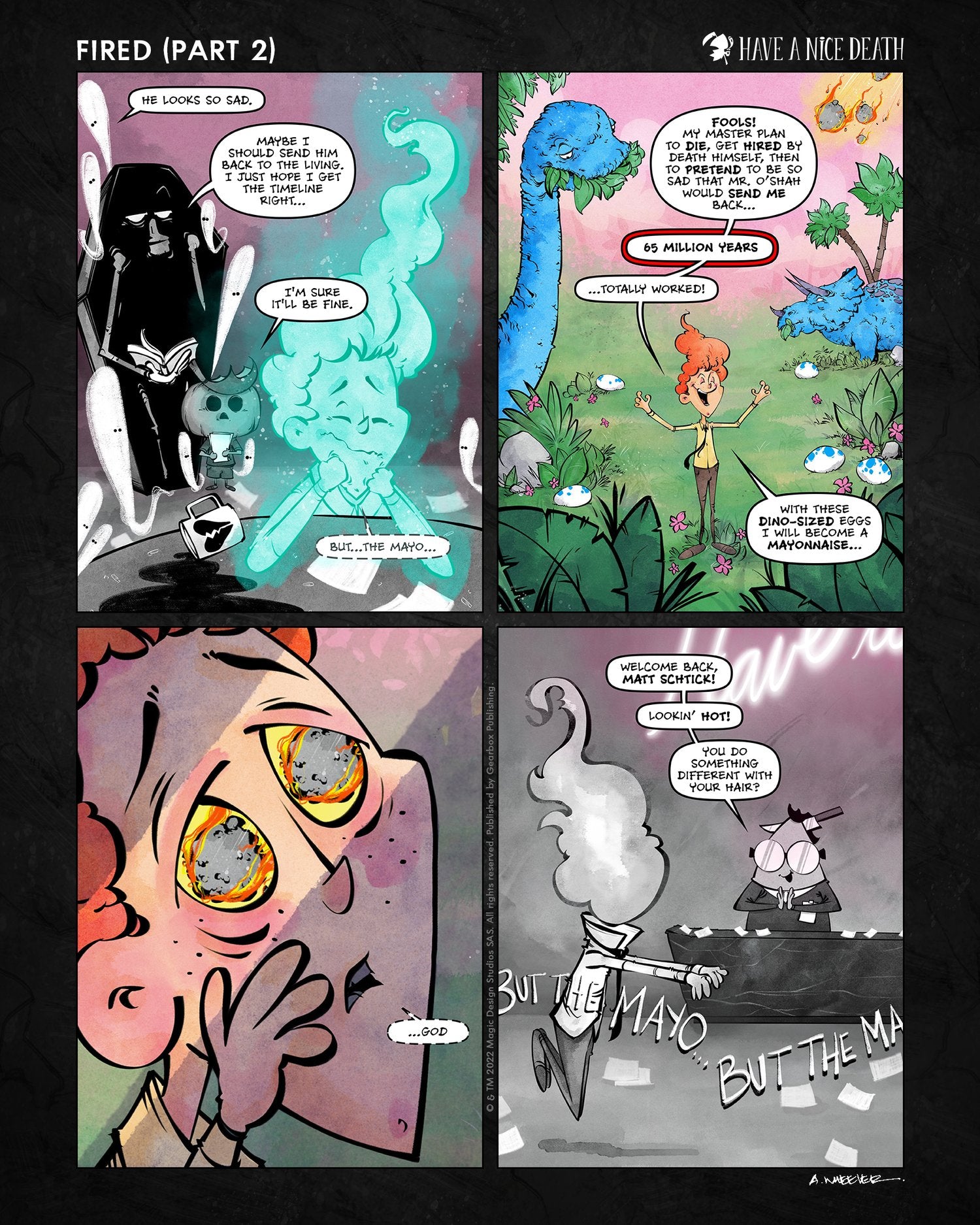 “Have a Nice Death – Fired” artwork by Anthony Wheeler — reaper character holding cardboard box of belongings after getting laid off, dark humor.