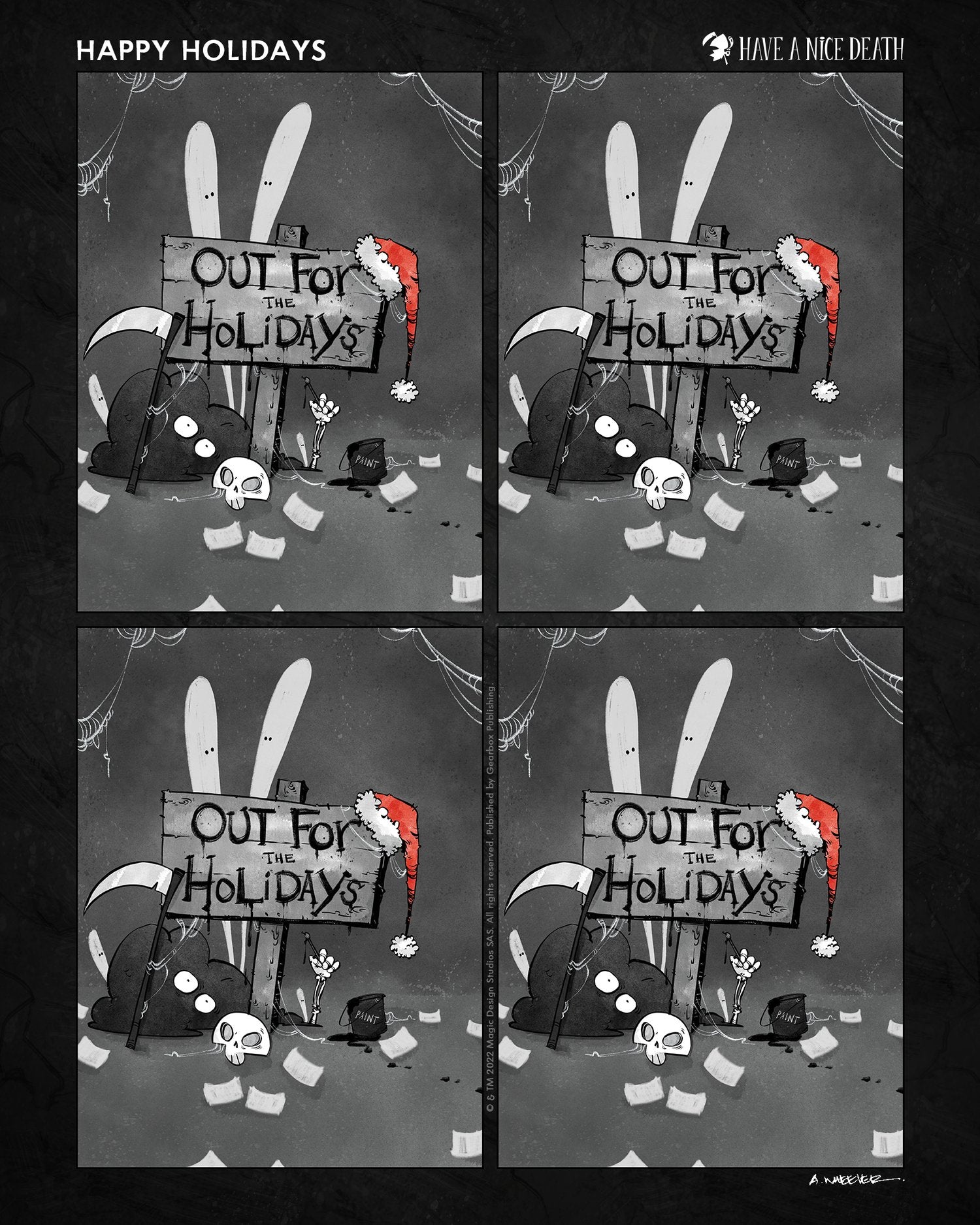 “Have a Nice Death – Happy Holidays” illustration by Anthony Wheeler — festive skeleton holding candy cane under snowfall, darkly cheerful design.