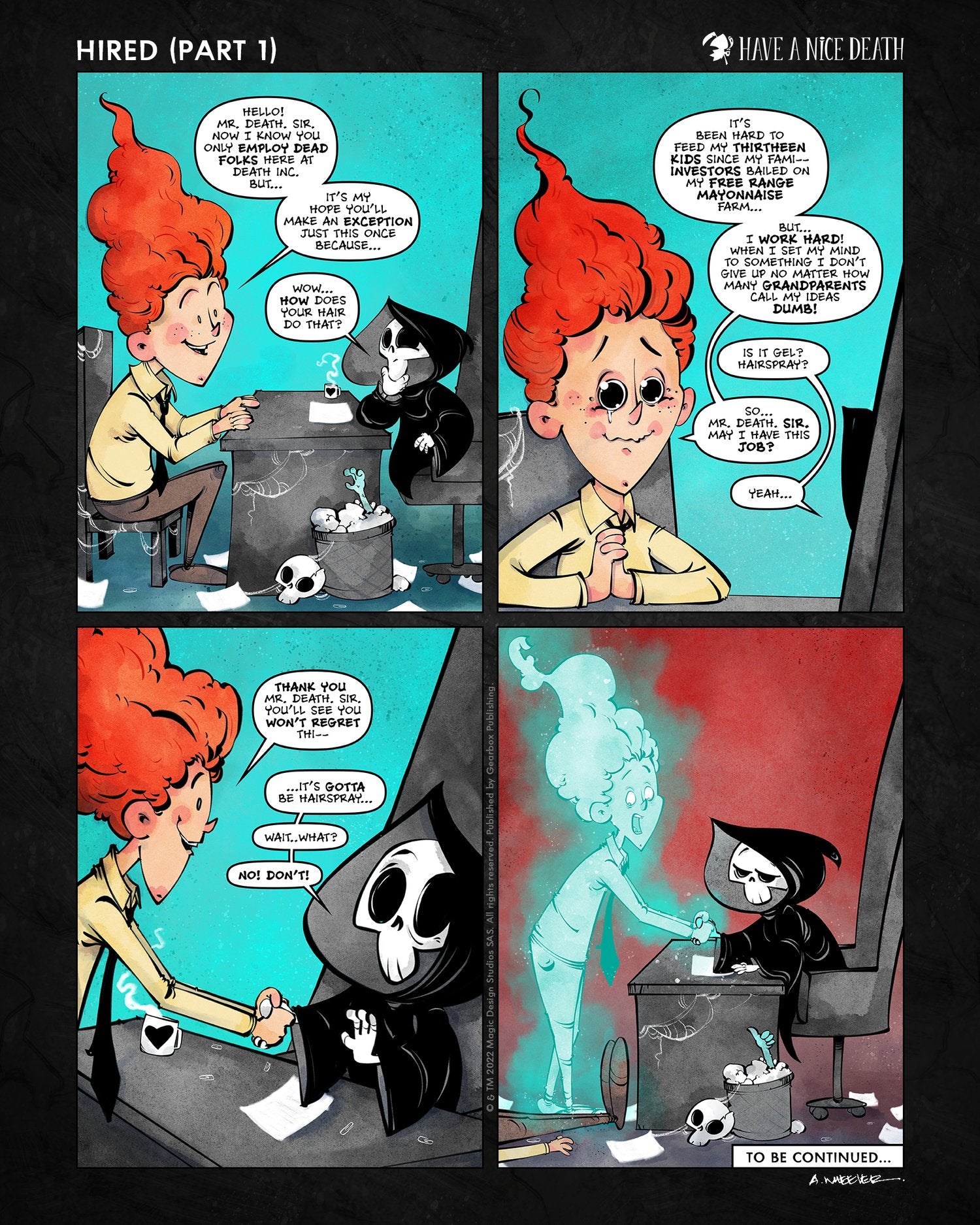 “Have a Nice Death – Hired” illustration by Anthony Wheeler — skeleton in office attire shaking hands after job interview, humorous dark art scene.