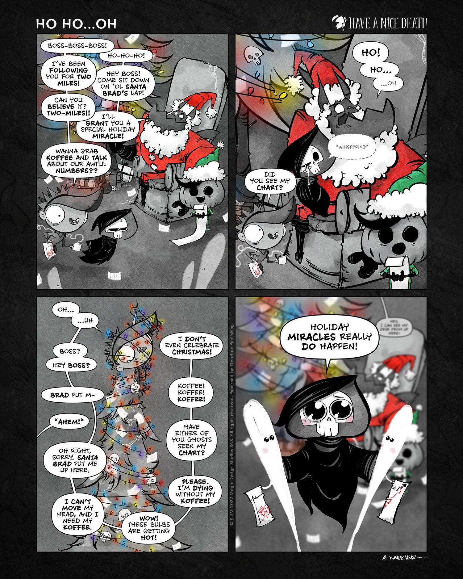 “Have a Nice Death – Ho Ho Oh” illustration by Anthony Wheeler — grim reaper dressed as Santa Claus delivering presents with a dark twist.