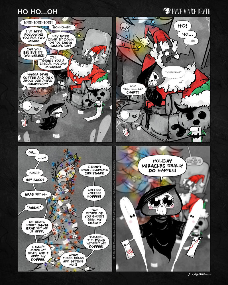 “Have a Nice Death – Ho Ho Oh” illustration by Anthony Wheeler — grim reaper dressed as Santa Claus delivering presents with a dark twist.