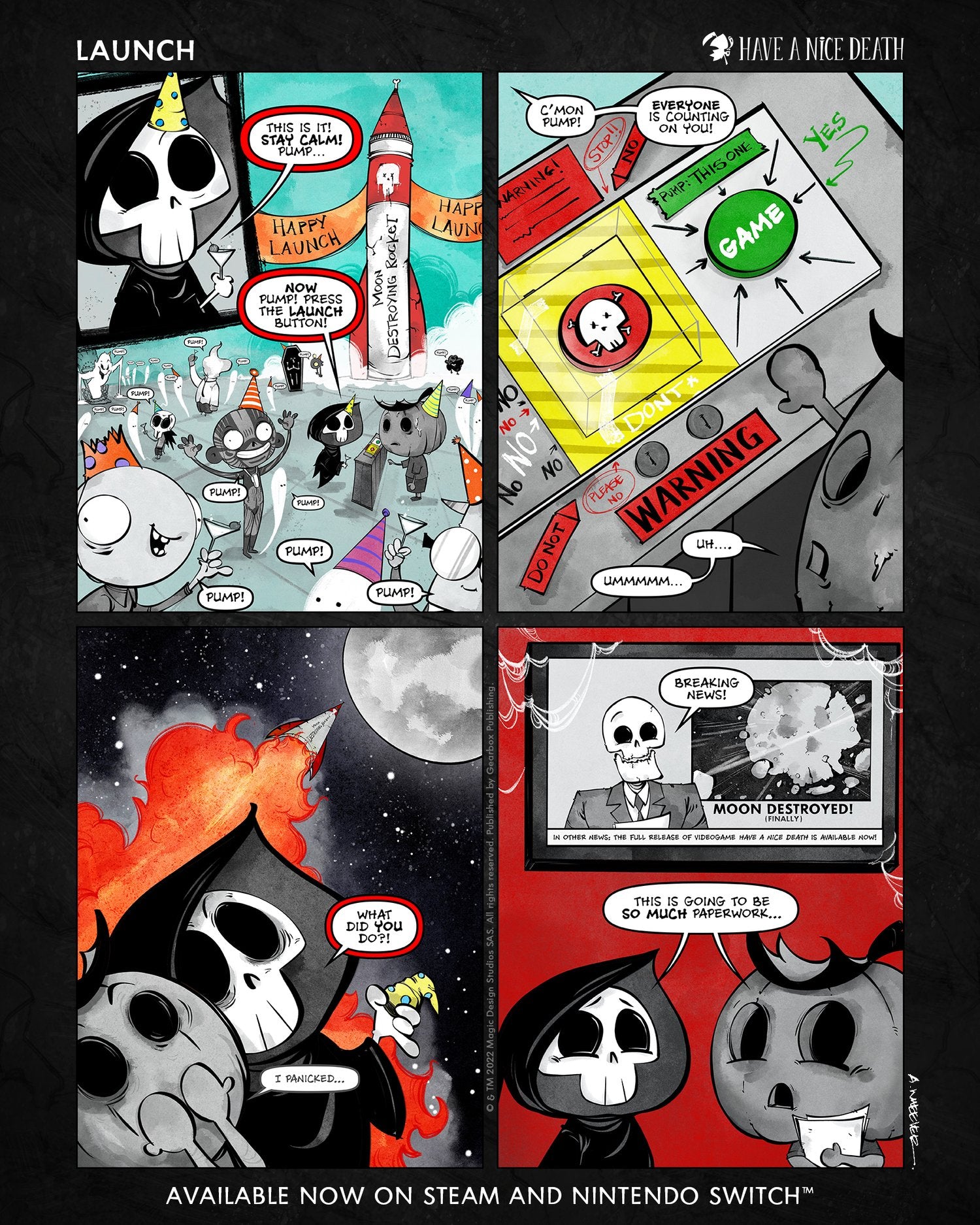 “Have a Nice Death – Launch” illustration by Anthony Wheeler — skeleton launching into space on a rocket, playful take on career success.