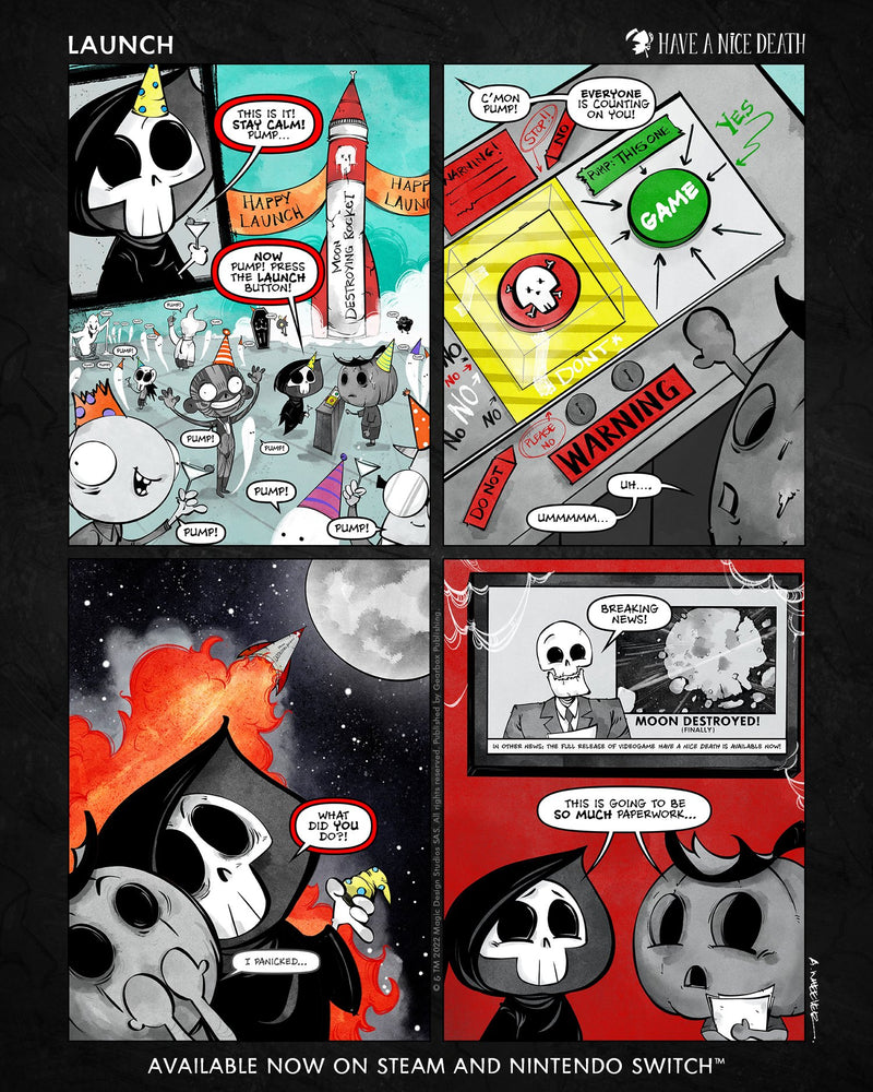 “Have a Nice Death – Launch” illustration by Anthony Wheeler — skeleton launching into space on a rocket, playful take on career success.