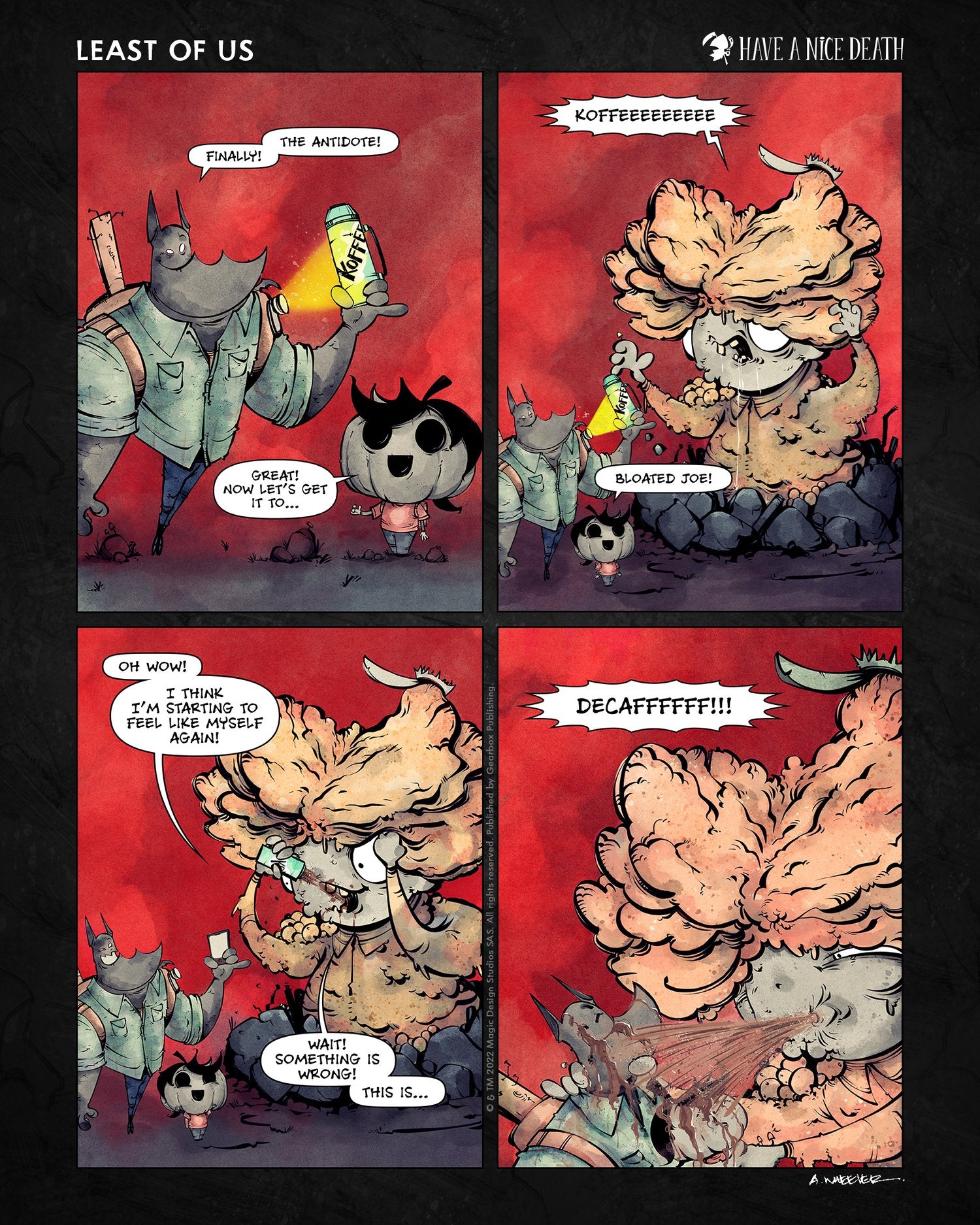 “Have a Nice Death – Least of Us” illustration by Anthony Wheeler — video game parody showing reaper in survival gear amid apocalyptic backdrop.