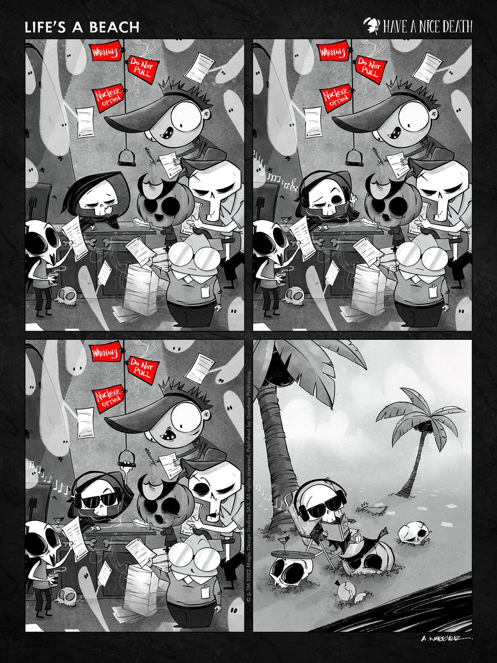 “Have a Nice Death – Life’s a Beach” illustration by Anthony Wheeler — skeleton lounging on tropical beach with drink in hand, humorous contrast.