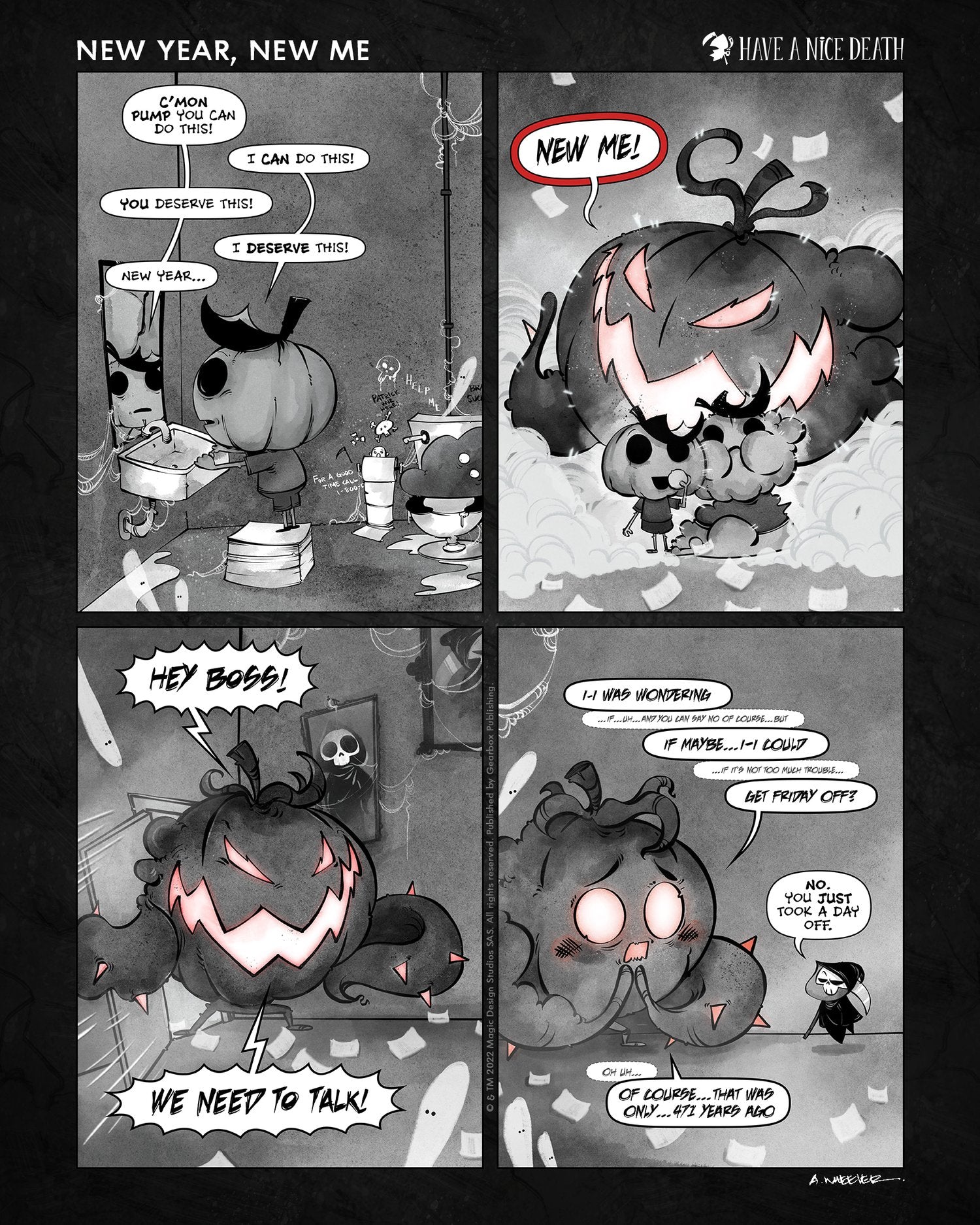 “Have a Nice Death – New Year, New Me” artwork by Anthony Wheeler — skeleton jogging in sports gear, humorous take on New Year’s resolutions.