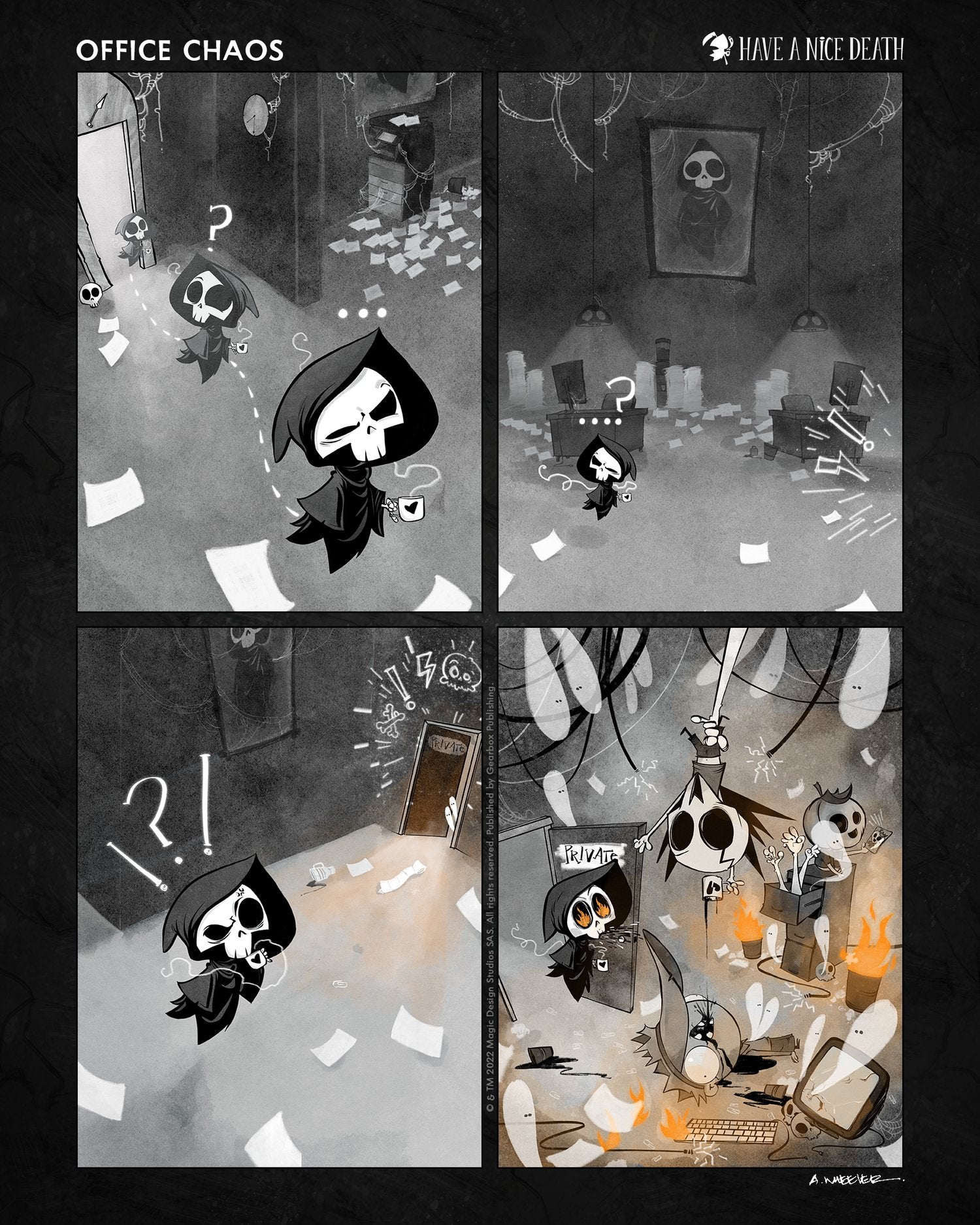 “Have a Nice Death – Office Chaos” illustration by Anthony Wheeler — grim reaper surrounded by stacks of paperwork, phones, and stressed coworkers.