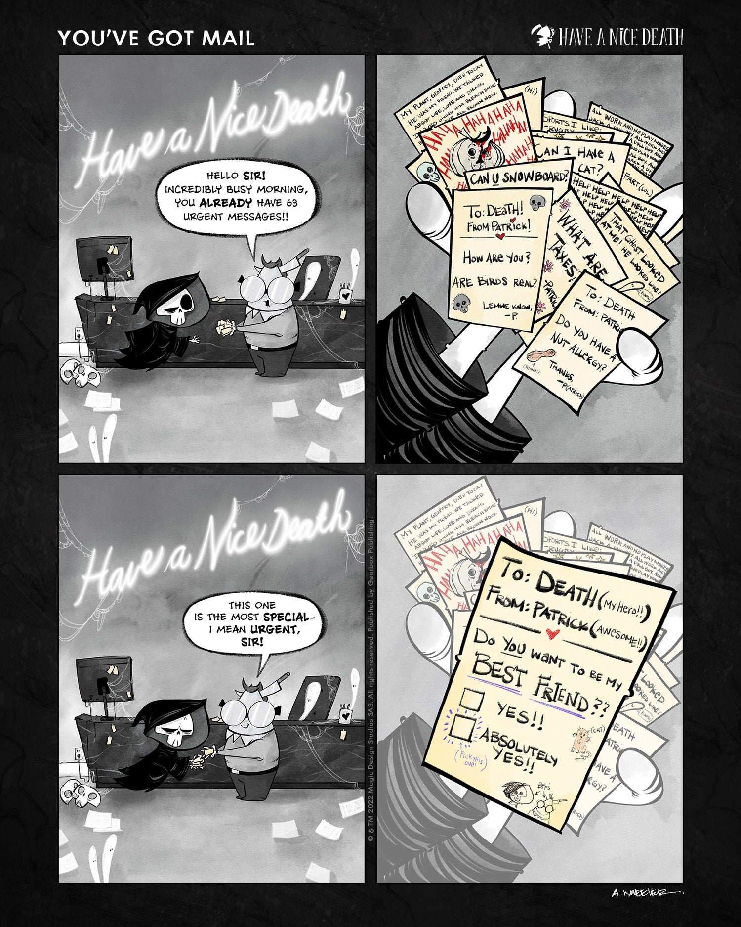 “Have a Nice Death – You’ve Got Mail” illustration by Anthony Wheeler — grim reaper reading ominous email on glowing laptop, parody of corporate life.