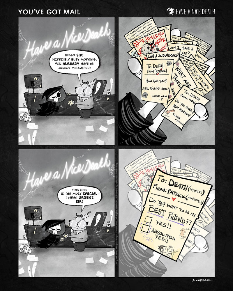 “Have a Nice Death – You’ve Got Mail” illustration by Anthony Wheeler — grim reaper reading ominous email on glowing laptop, parody of corporate life.