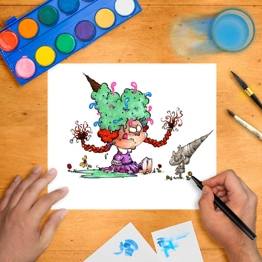 Playful scene of a little girl with green ice cream hair confronting a tiny snail knight holding a drill-shaped weapon.