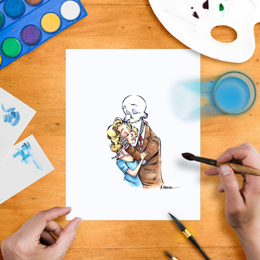 Original watercolor illustration of a cartoonish couple, with ink and watercolor paints on a drawing board.