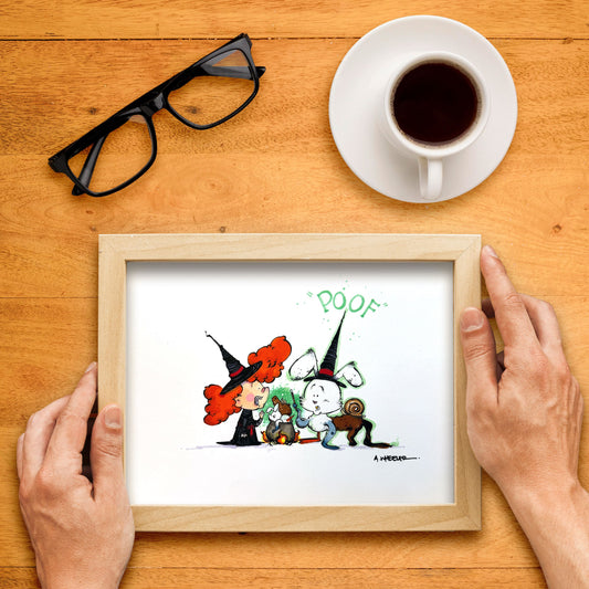 Original illustration “Animal Witches” by Anthony Wheeler — whimsical witch characters with animal features, marker on paper.