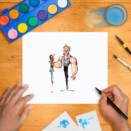 Original marker illustration of two cartoon characters, one with a tank top and black pants, and the other holding a knife. The artwork is displayed on a flat surface with a marker in hand, surrounded by paint pots and brushes.