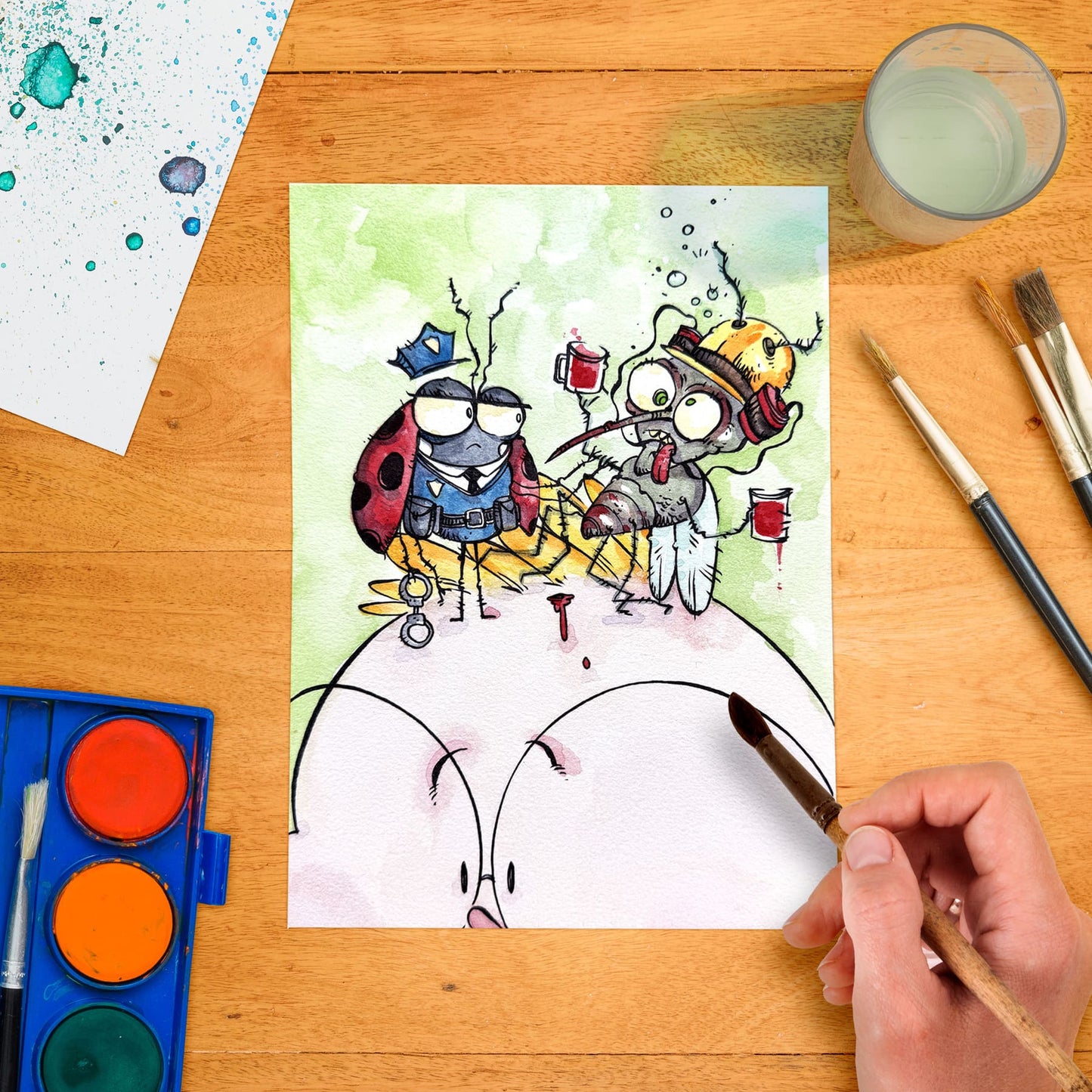 A colorful illustration of various cartoon bugs in human-like clothing and a frame, set against a plain background.