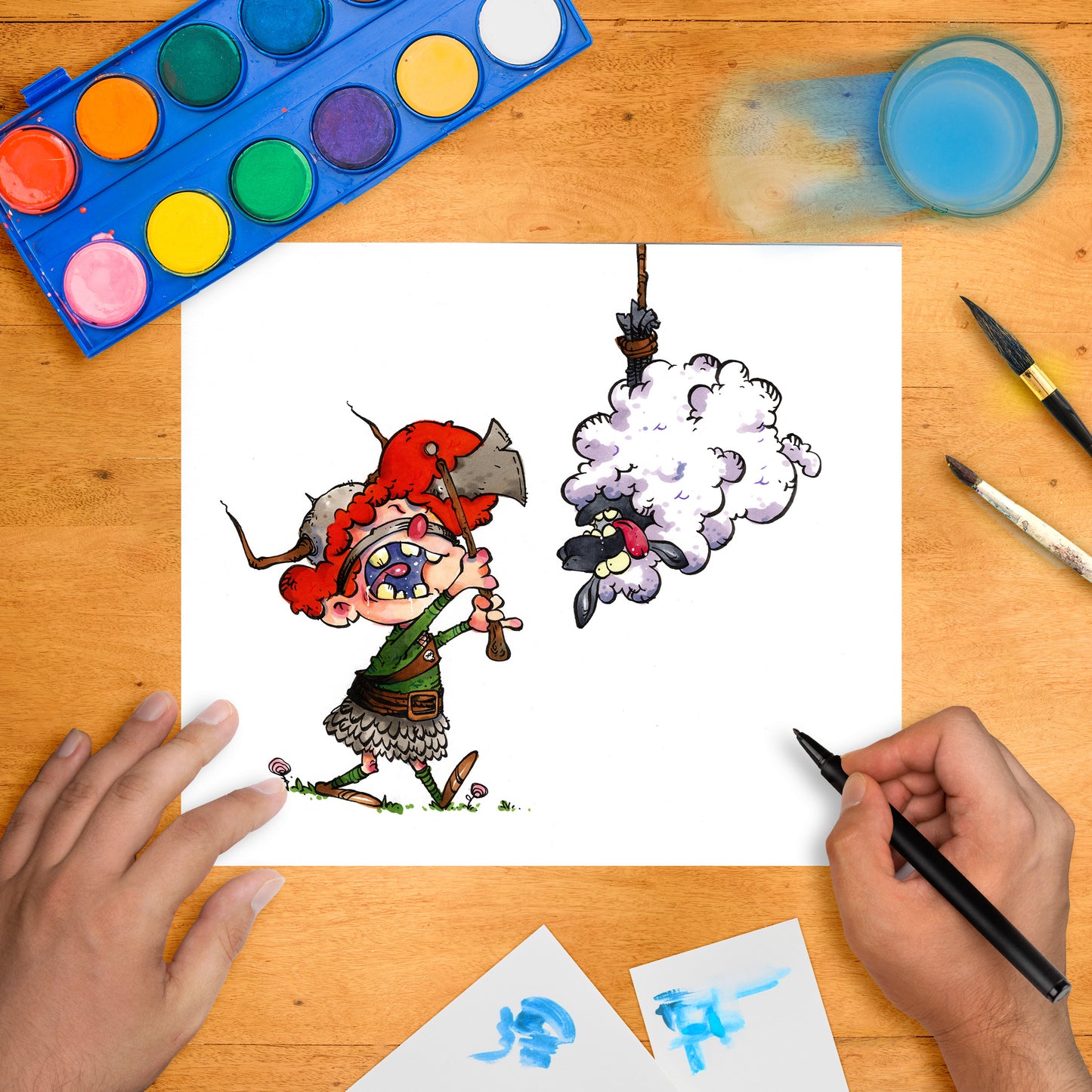 Cartoon Viking child swinging an axe toward a hanging sheep piñata with a mischievous expression.