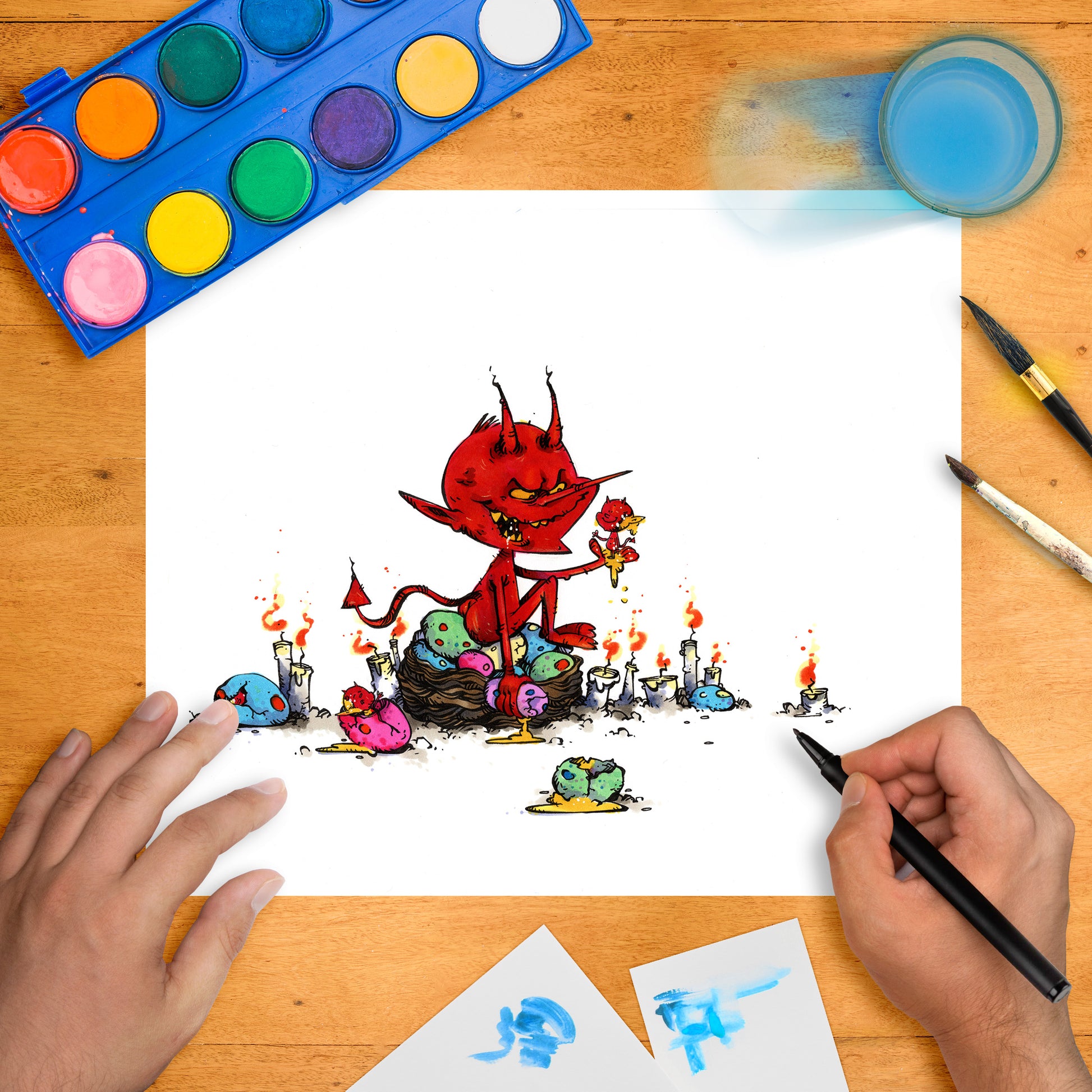 Red cartoon devil sitting on a pile of colorful eggs, surrounded by lit candles, holding a small golden figure.