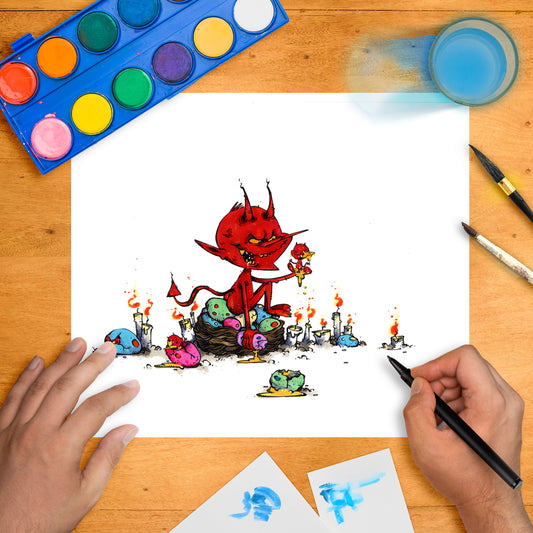 Red cartoon devil sitting on a pile of colorful eggs, surrounded by lit candles, holding a small golden figure.