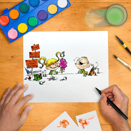 Original art “Evil Science Fair” by Anthony Wheeler — whimsical yet creepy illustration of young scientists and bizarre experiments.