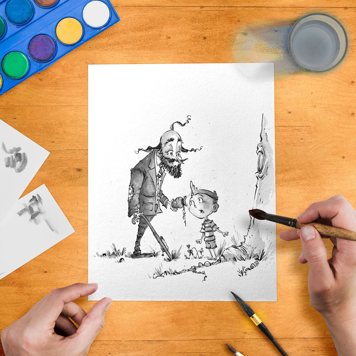 A black-framed original artwork featuring a cartoon-style illustration of a man and a child with a large peach.