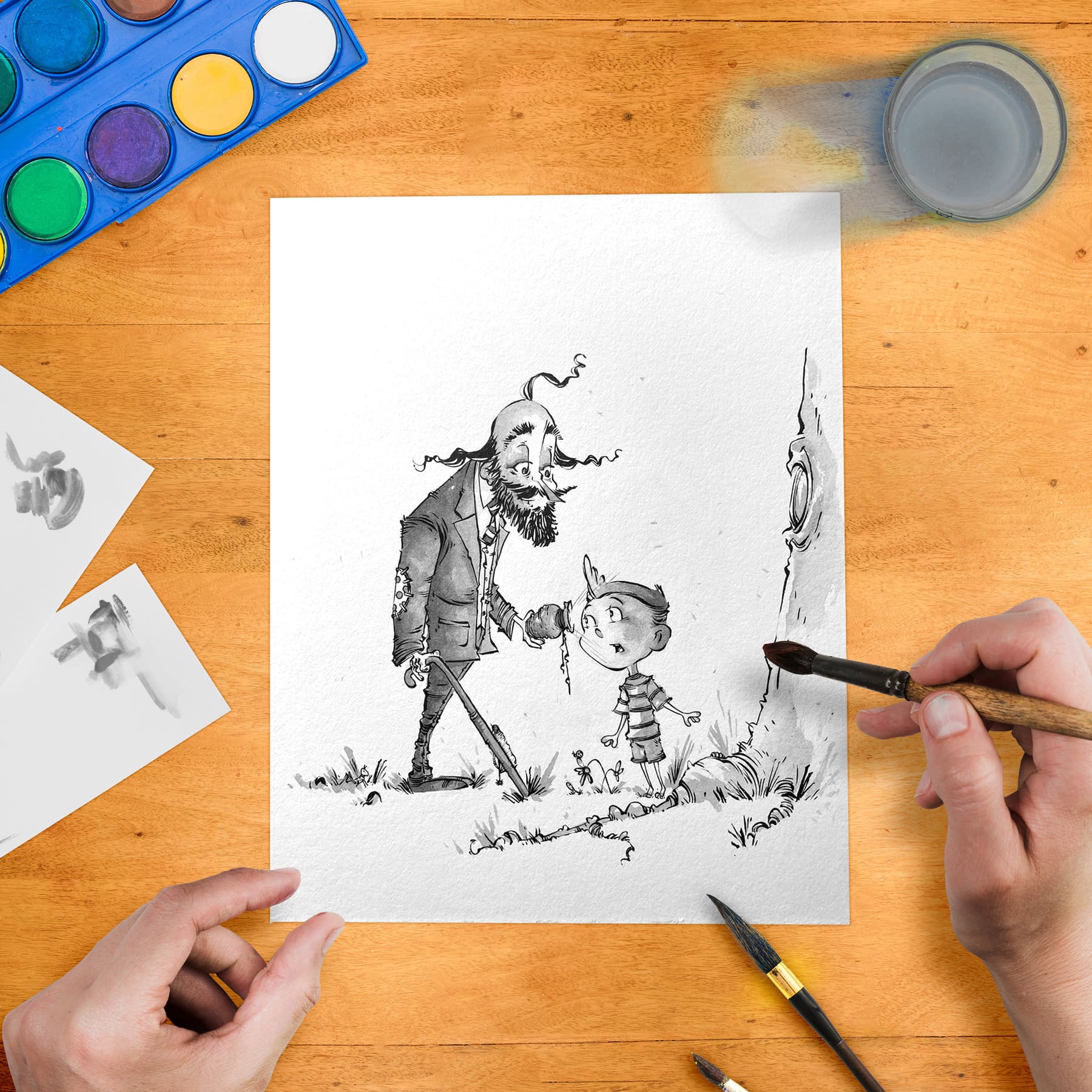 A black-framed original artwork featuring a cartoon-style illustration of a man and a child with a large peach.