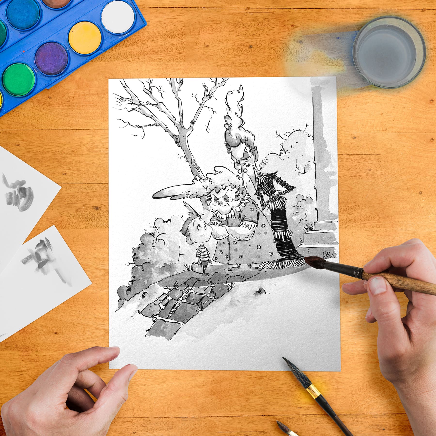 A framed original artwork depicting a whimsical scene with a bird and a human character.