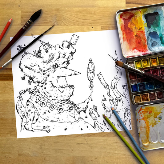 A black-and-white sketch of a whimsical, monstrous character on a sheet of white paper, arranged on a wooden surface with paintbrushes, a watercolor palette, and colored pencils.