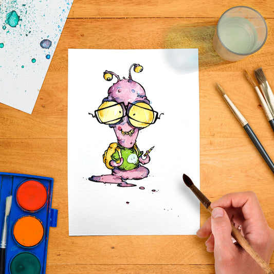 Original artwork “Nerdy Slime Creature” by Anthony Wheeler — quirky slime monster wearing glasses and pocket protector in marker illustration.