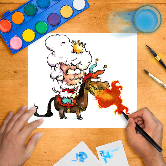 Hand-drawn whimsical illustration of a regal pig with a fluffy white wig and crown, riding a small dragon-like creature breathing fire.