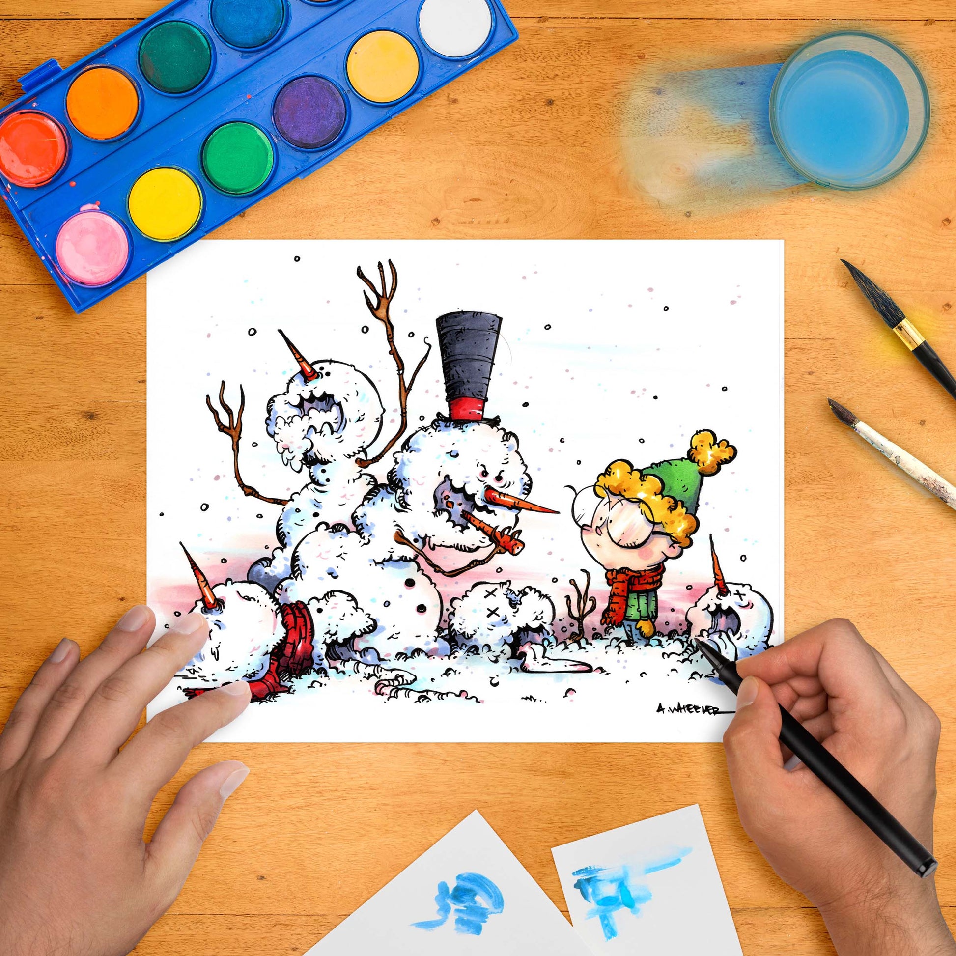 Hand-colored winter illustration featuring a group of creepy, zombie-like snowmen with menacing faces, interacting with a small child in a green hat and scarf, surrounded by watercolor tools on a wooden table.
