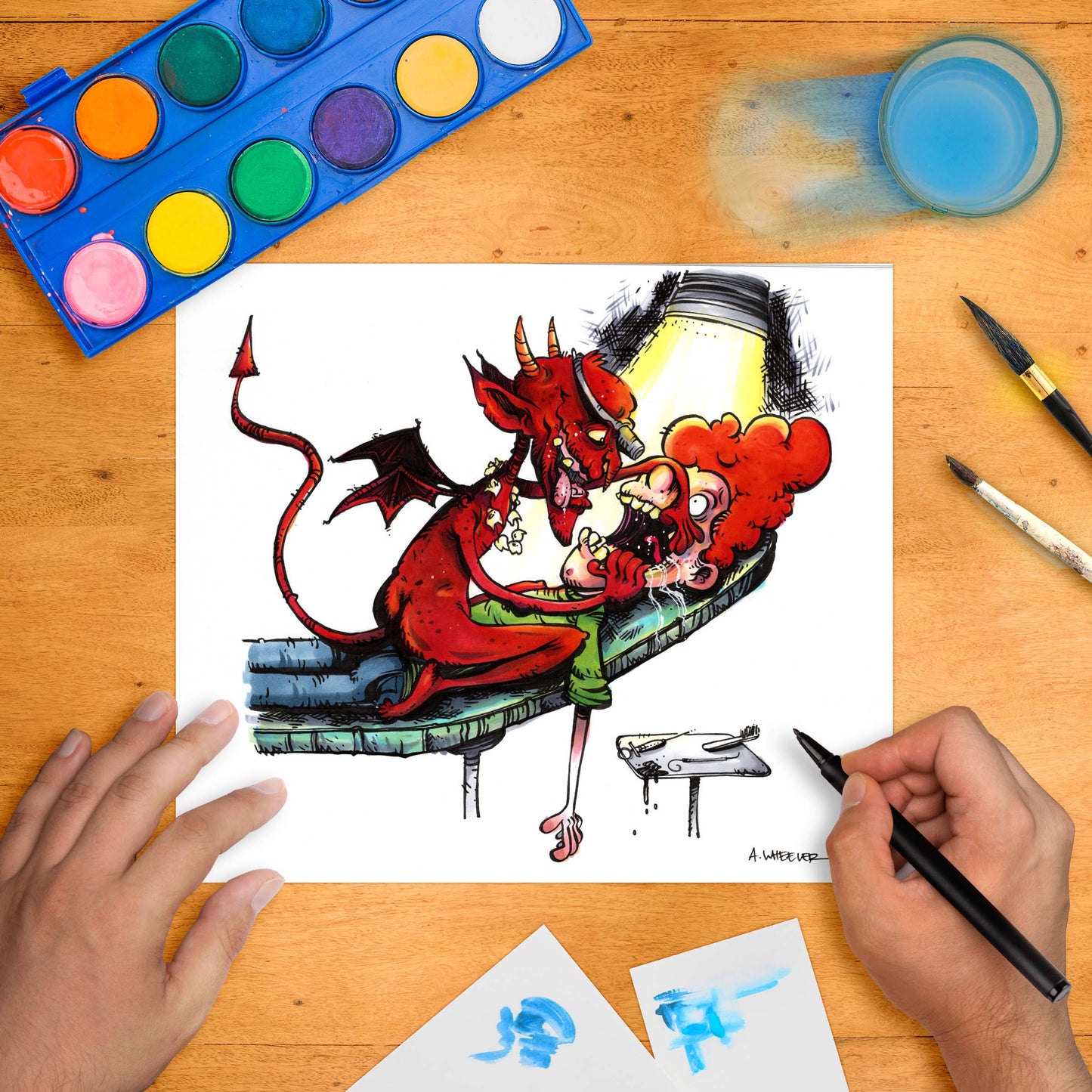 Cartoon demon dentist leaning over a terrified patient with exaggerated red hair and glowing light.