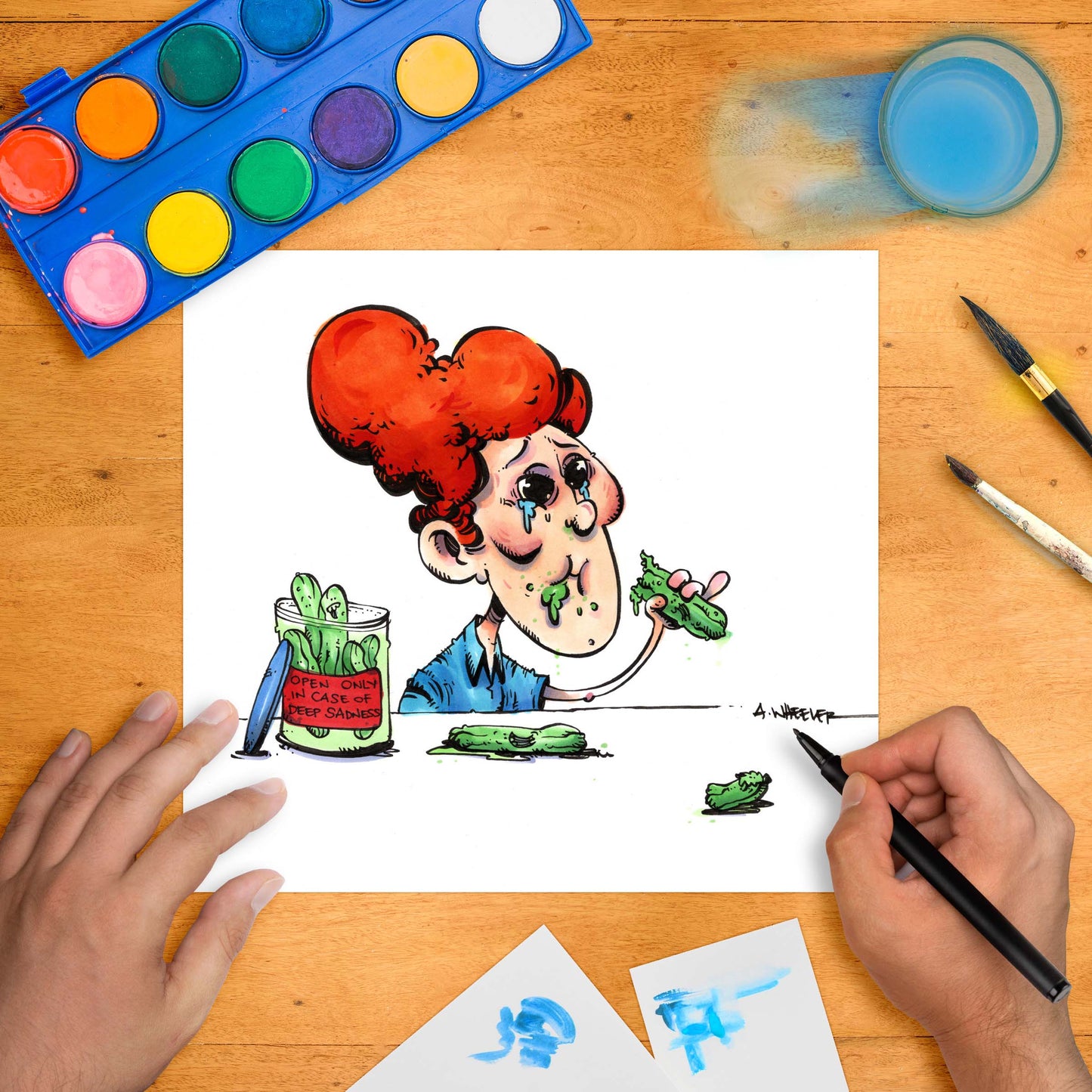 Cartoon character eating a pickle from a jar labeled “Open only in case of deep sadness.”