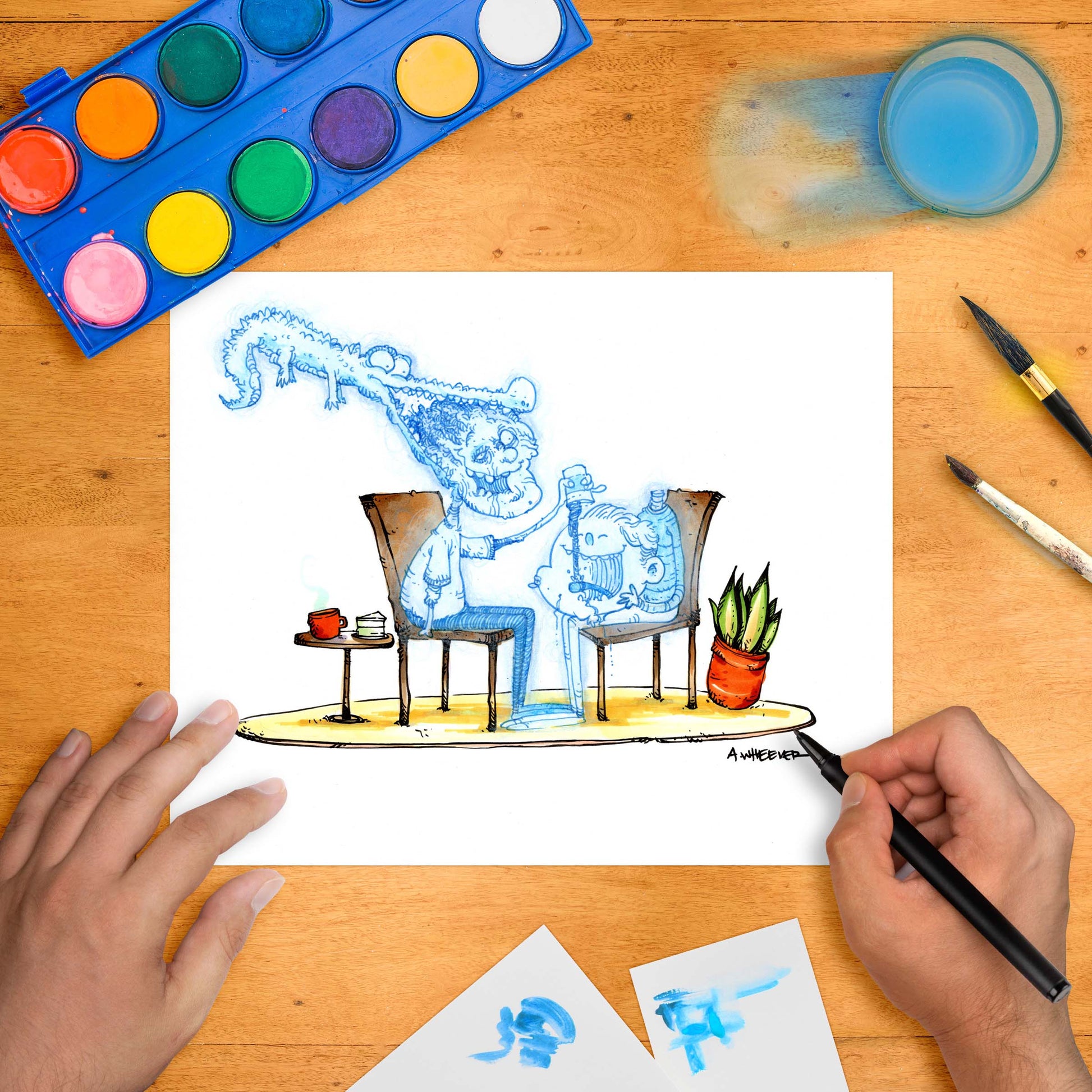 Blue ghostly figure channeling the spirit of a crocodile over tea in a calm café setting.