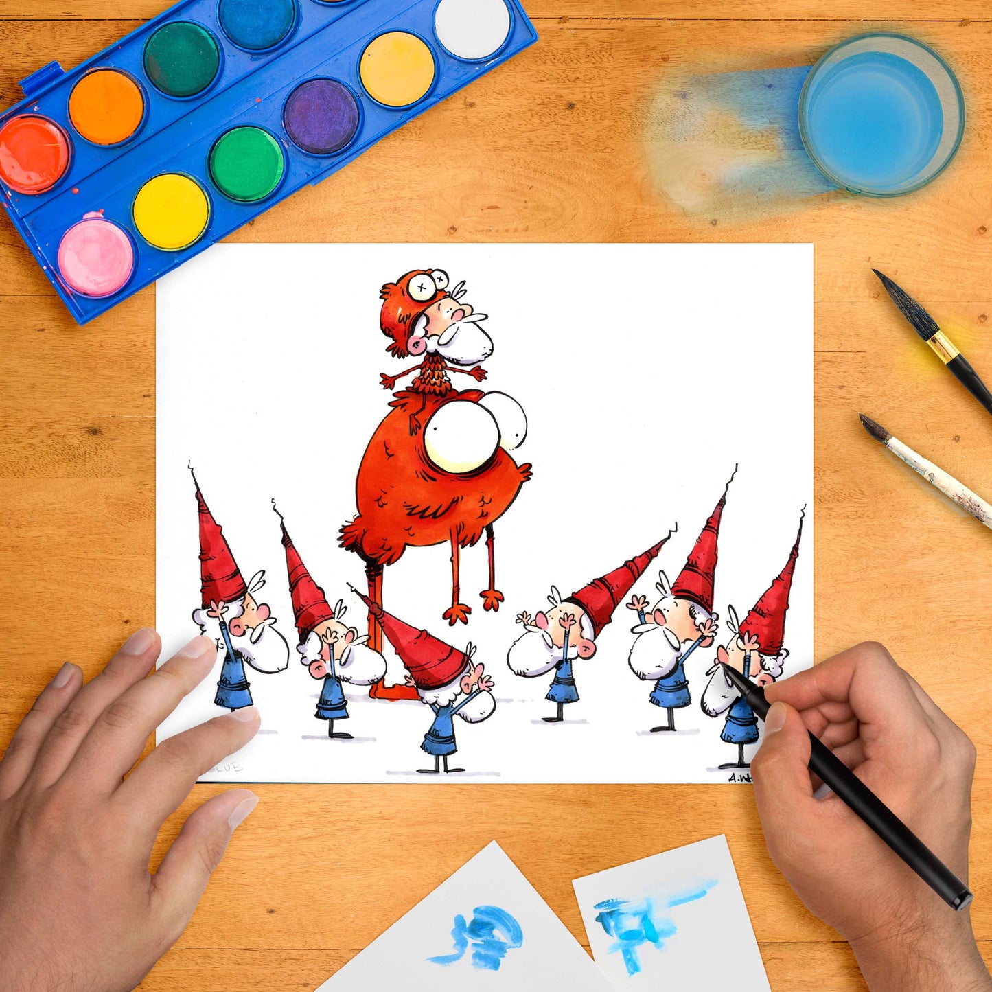A red goldfish priest riding a giant fish atop gnome worshippers in tall red hats.