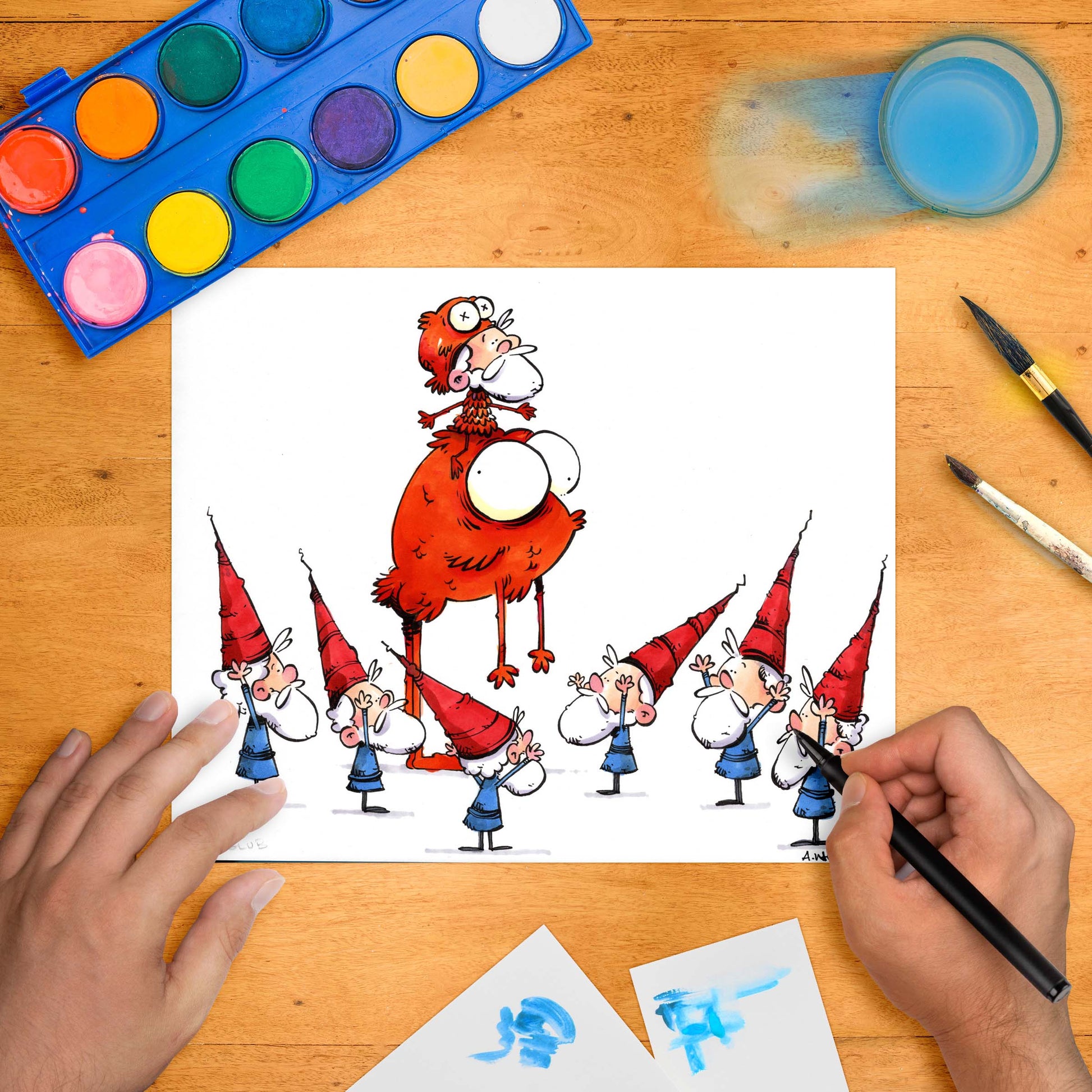 A red goldfish priest riding a giant fish atop gnome worshippers in tall red hats.
