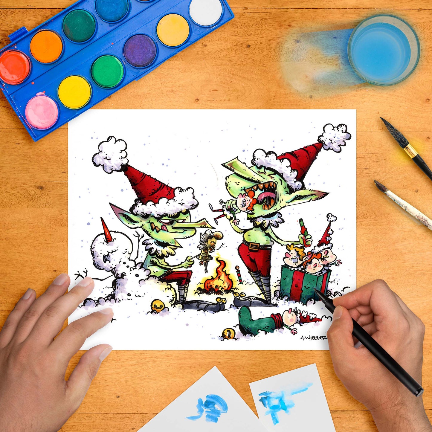 Mischievous green goblins in Santa hats roasting a toy soldier over a fire in a cartoon holiday scene.