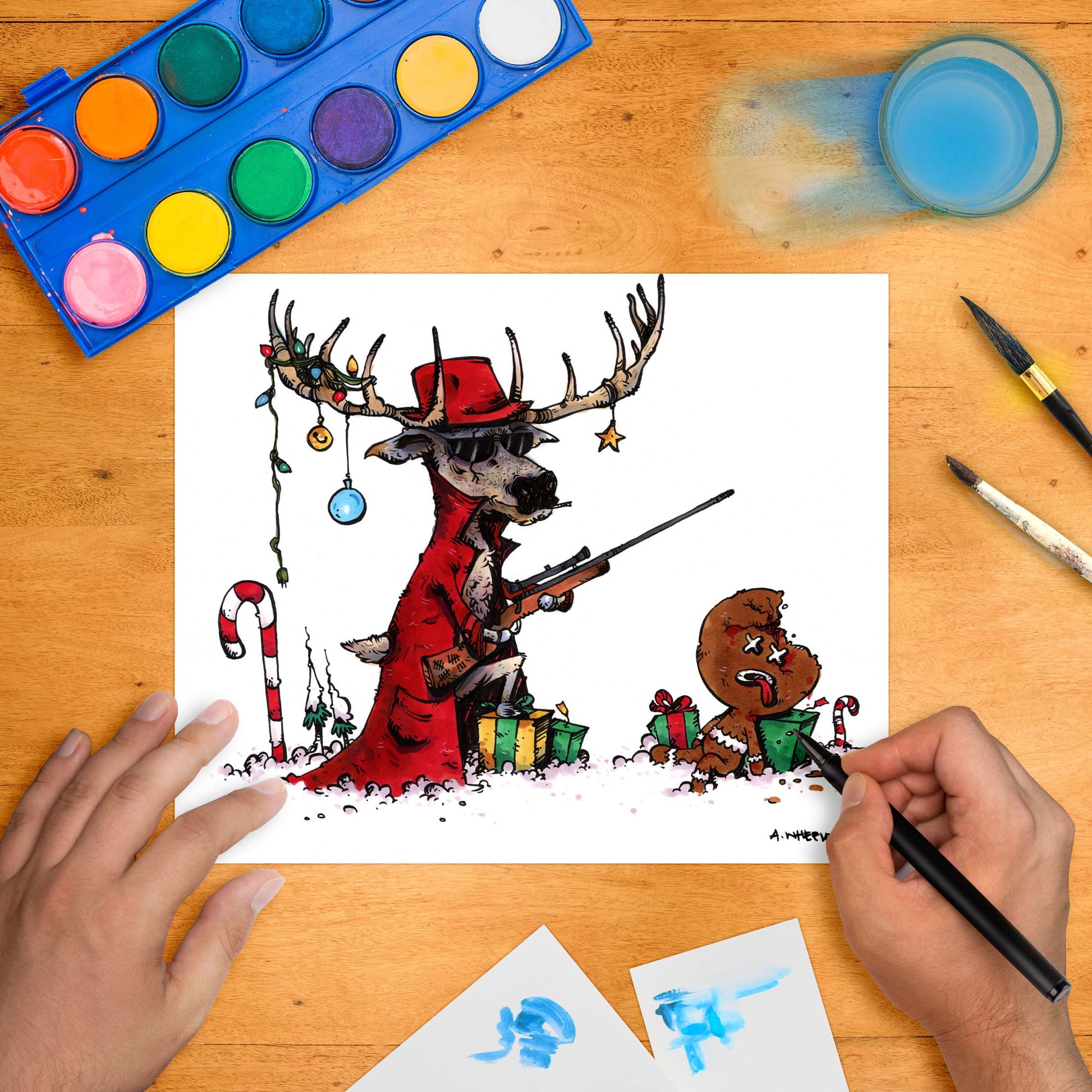 Humorous watercolor illustration of a reindeer dressed as a hitman in a red trench coat aiming at a gingerbread man.